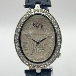 Burgi Women's Watch Silver Tone Crystals Floral Dial 33mm Oval New Battery 8.75"